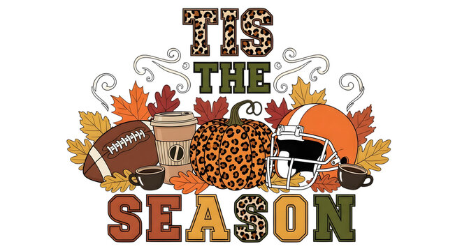 Tis the season text with football helmet, pumpkin, coffee cup, and autumn leaves isolated on transparent background