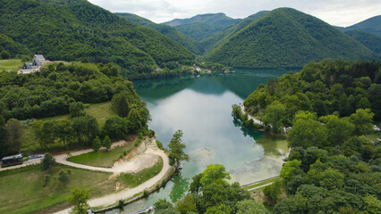 Aerial View of Veliko Plivsko Lake Shoreline with Trees