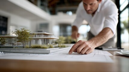 male architect leans over table pointing at architectural blueprints and detailed modern house model man is reviewing building plans in bright design studio