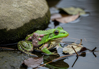 Vibrant Green Frog Resting in Pond Water by Rock Detailed Wildlife Nature Close up of an Amphibian in its Natural Habitat