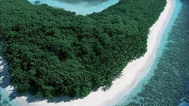 An aerial shot of a verdant tropical islet with a pristine white sand shore