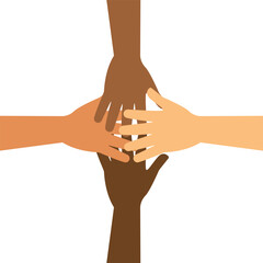 Unity in diversity concept with hands of different races. Teamwork Success. Teamwork Hands Diversity Unity Skin Community Friendship Top view. four hands join forces in unity strength collaboration.