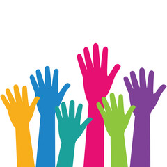 Colorful raised hands vector. Symbol of unity, diversity, and community. Vector illustration for unity, teamwork.