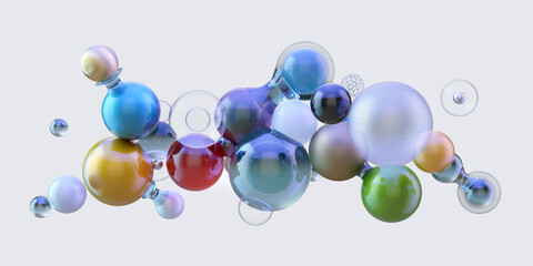 3D abstract molecular structure made of colorful glass spheres, molecules, atoms, blue background. Chemistry science, nanotechnology, pharmaceutical AI, biotechnology, digital technology innovation	