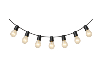 Decorative string lights with warm bulbs arranged in curved line across transparent background