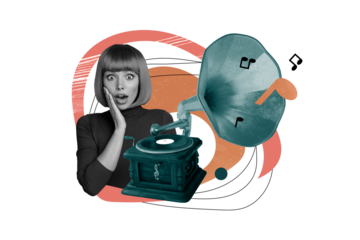 Collage image artwork poster of happy excited glad girl listen playlist 70s isolated on drawing background