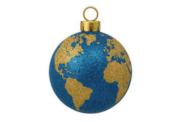 Blue and gold glitter globe ornament with cap hanging loop, featuring world map motif