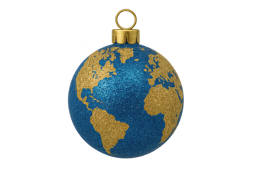 Blue and gold glitter globe ornament with cap hanging loop, featuring world map motif