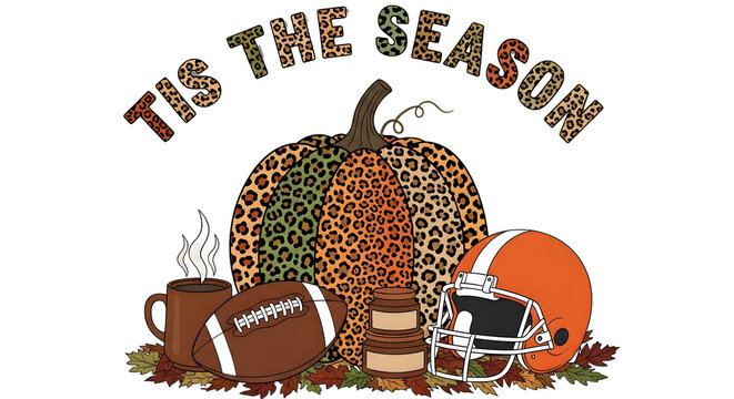 Tis the season for fall football, with a leopard print pumpkin, football, helmet, and hot cocoa, isolated on transparent background
