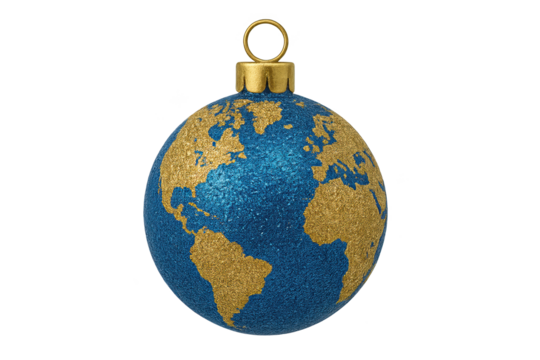 Blue and gold glitter globe ornament with cap hanging loop, featuring world map motif