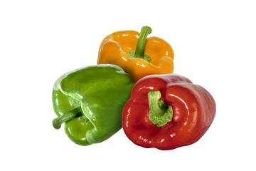 Red, gren and yellow bell peppers isolated on transparent background. Fresh vegetable with green stem, perfect for healthy food, cooking, and vegetarian design concepts.