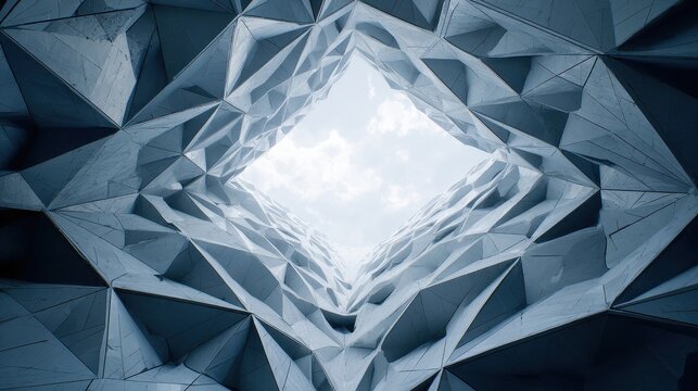 Looking Up a Geometric Architectural Light Well with Complex Faceted Design.