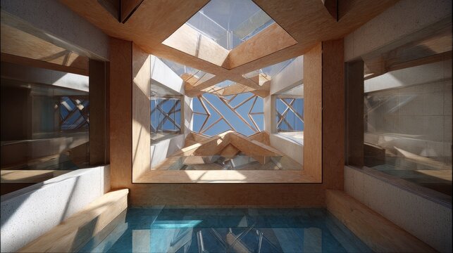 Abstract Geometric Wooden and Glass Skylight Structure Interior View