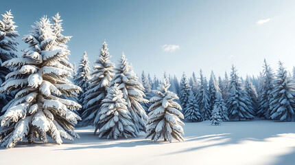 Snow-Covered Trees in Winter: A serene landscape of evergreen trees blanketed in pristine snow under a clear, bright sky, evoking a sense of tranquility and the crisp beauty of winter.