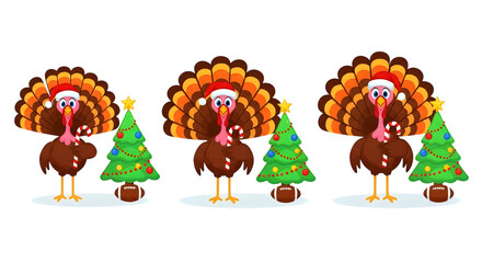 Three cartoon turkeys wearing santa hats and standing next to decorated christmas trees and footballs, isolated on transparent background