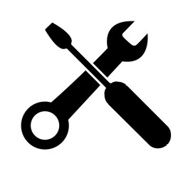 Black silhouette of a screwdriver crossed with a wrench, tools symbolizing repair or maintenance.