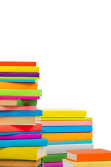 Books in multi-colored covers on an isolated background. Literature for children. Collection in the library. Textbooks for school college or university