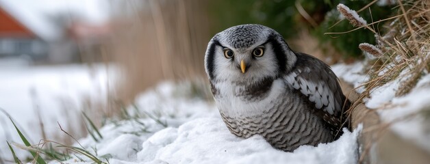 Snowy owl resting on the ground surrounded by snow and grass in a winter setting during daylight hours