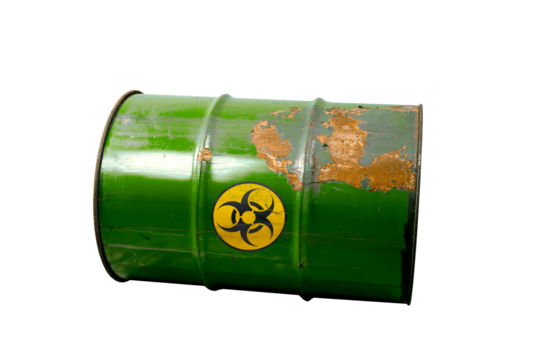 Barrel with toxic waste. Biohazard warning sign. Rusty dangerous barrel with pathogens, or other toxins on isolated background