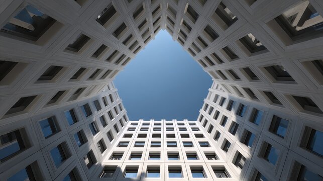 Modern Building Courtyard Looking Up at Geometric Grid Windows