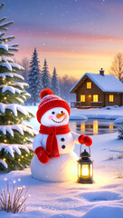 Obraz premium Cheerful snowman with lantern standing in snowy land with small house in the background