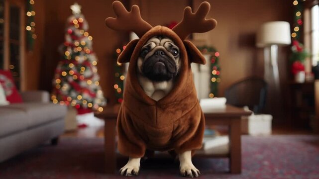 A pug in a full reindeer costume dances a bouncy jig in a christmas living room decorated with festive lights and a tree, looking at the camera with a proud, goofy smile.