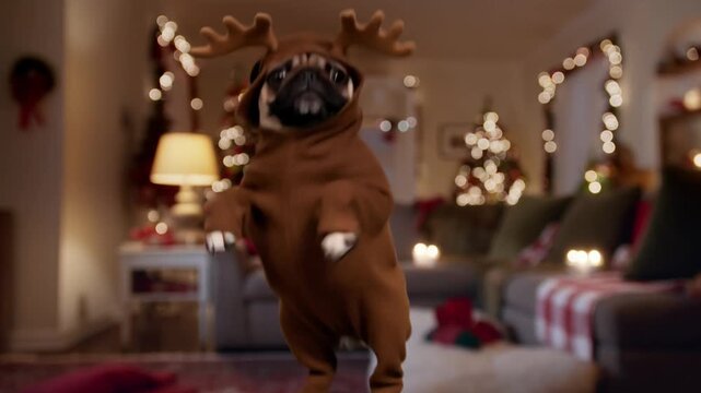 A pug in a full reindeer costume dances a bouncy jig on their hind legs in a christmas living room decorated with festive lights and a tree, looking at the camera with a proud, goofy smile.