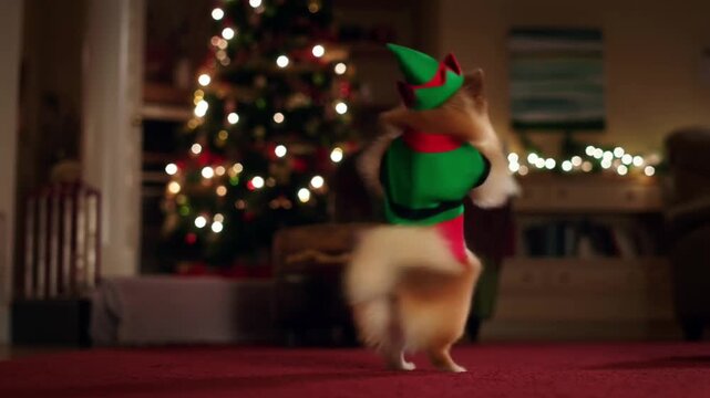 A pomeranian in an elf costume dances a rapid jig on their hind legs in a cozy christmas living room decorated with a tree, looking at the camera with a mischievous, energetic smile.