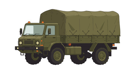 Obraz premium Military transport truck with canvas covering, illustration of an all-terrain vehicle for cargo and personnel transport
