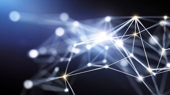 An abstract digital network with dark background features soft glowing nodes connected by thin lines,