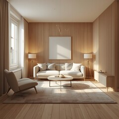 Fototapeta premium Scandinavian-Inspired Compact Living Room with Natural Textures and Light Wood