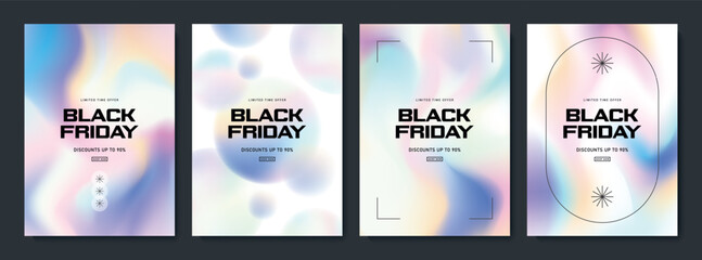 Set of soft fluid gradient Black Friday vertical banner templates, abstract pastel colors and minimal geometric elements for digital marketing, isolated on white background, vector illustration.