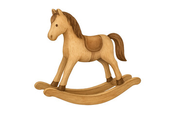 Wooden rocking horse toy with curved rockers, light brown body, dark mane and saddle