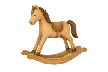 Wooden rocking horse toy with curved rockers, light brown body, dark mane and saddle