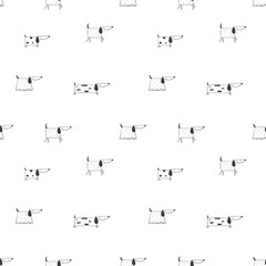 Seamless cute sketch style dog pattern with funny dogs on white background. Black and white, children style illustration. Perfect for kids textile, wrapping paper, wallpaper 