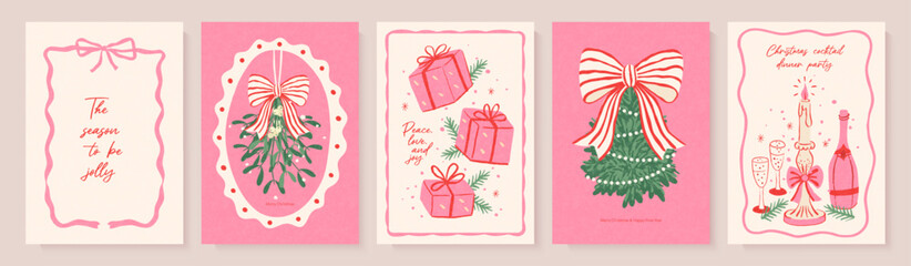 Set of Christmas greeting cards and party invitations in handmade vintage style, featuring mistletoe, gifts, Christmas tree, candles,bows and champagne, in pink, red and green colors, vector