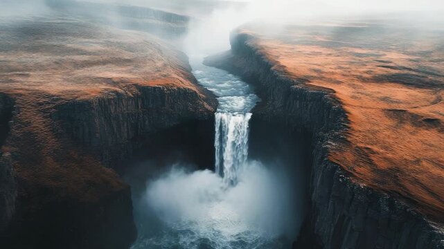 A powerful river cascades into a deep, misty gorge in a vast, rugged landscape