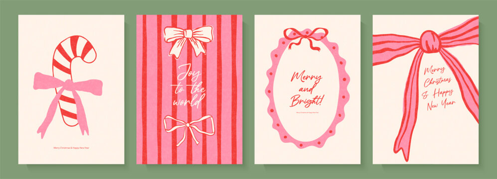 Set of vertical Christmas and New Year greeting cards in retro handmade style, with bows, candy cane, vintage frame and stripes in pink and red colors, vector illustration.