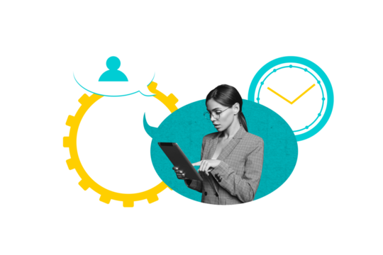 Composite photo collage of businesswoman surf ipad device freelance distance correspondence anonym user isolated on painted background