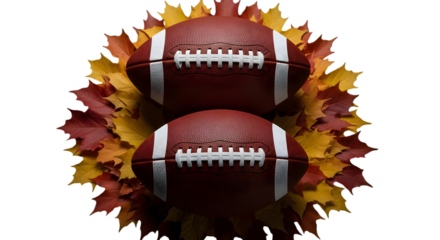 Two american footballs stacked on top of each other, surrounded by a wreath of colorful autumn leaves, isolated on transparent background