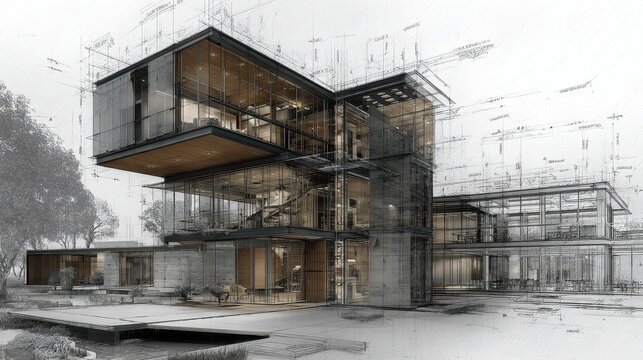 Modern Glass-Walled Architectural Design Sketch of a Contemporary Residence with Plans