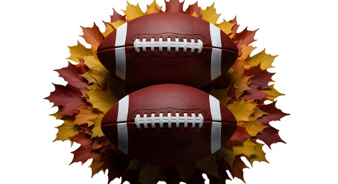 Two american footballs stacked on top of each other, surrounded by a wreath of colorful autumn leaves, isolated on transparent background