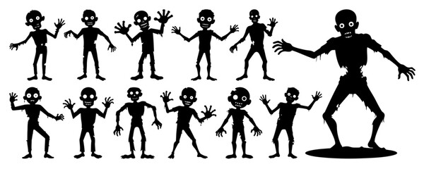 Obraz premium Scary Zombie Silhouette Vector Collection, Black Horror Character with Big Eyes on Transparent Background, Flat Clean Halloween Illustration