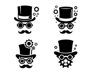 top hat, goggles, floating gears, mechanical gears, fantasy hat, brass gears, Vector illustration