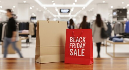 Black Friday sale advertising concept. Retail bags on display in a store for Black Friday marketing. Commerce, shopping, discount promotions, holiday season ads.
