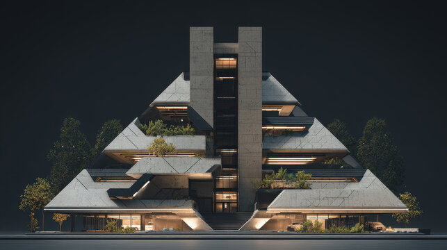 Modern concrete and glass pyramid building with integrated terraces and greenery.