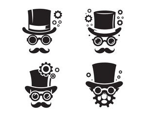top hat, goggles, floating gears, mechanical gears, fantasy hat, brass gears, Vector illustration