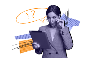 Composite photo collage of astonished shocked girl hold ipad unexpected news information work process deal isolated on painted background