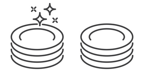 Clean and shiny dishes linear icons. Editable Stroke. Dishwashing symbols set with dishware line icons. Simple outline icons for cleaning service, hygiene and kitchen care on transparent background.