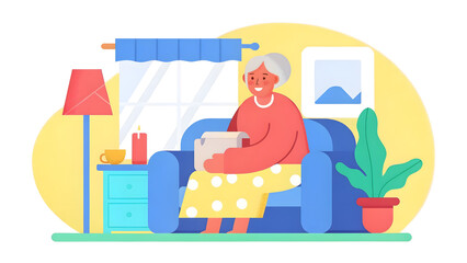 social campaign emotive portrait illustration Elderly woman reading on a sofa in a cozy living room with plants and warm lighting.